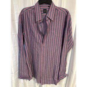 Hugo Boss Mens Blue/Pink Striped Long Sleeve Button-Up Shirt Large